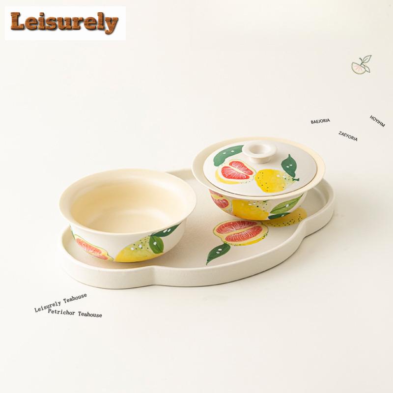 HOYIHM Hand Painted Shaddock Pear Travel Tea Set Kit Retro 1 Pot 1 Cups Tea Maker Organizer Portable Outdoor Handbag Collection
