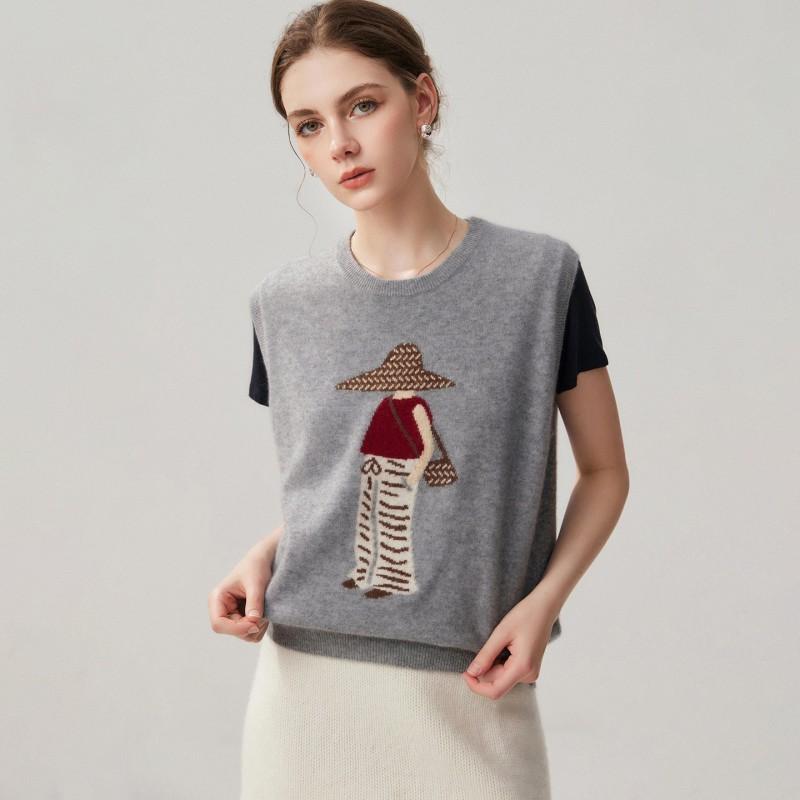 Womens Cashmere Blend Knit Sleeveless Vest Round Neck Loose Fit Cartoon Jacquard Lightweight Slimming Top