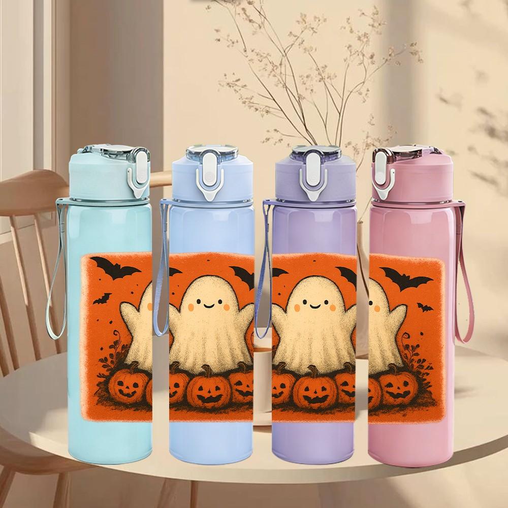1PC Pumpkin Ghost Orange Print 750ml Color Plastic Sports Water Bottle Leakproof Flip Straw Lid Suitable for Sports Office Home Use