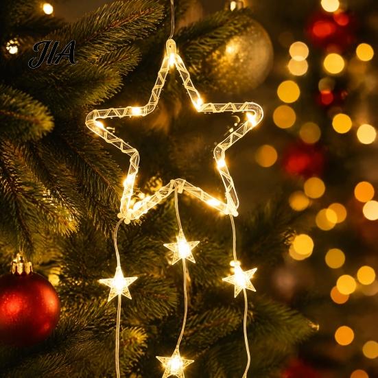 New Year Festive Atmosphere Light LED Christmas Window Star Decoration, Battery Operated Hanging Warm Indoor Outdoor Decorations Lighted Shaped