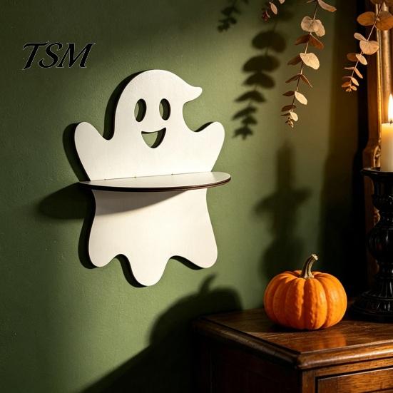 Holiday Home Decoration Halloween Wooden Wall Shelf, Ghost Bat Shape Hanging Organizer for Spooky Room Accents Decor, Farmhouse Display Rack, Festive