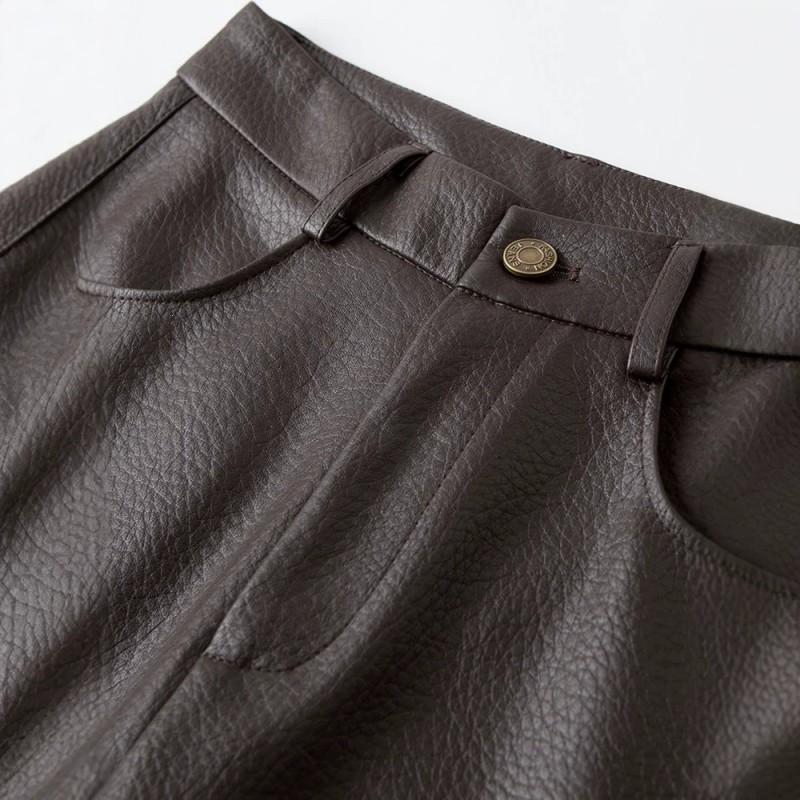 Womens Low Waist Cargo Pants Streetwear Loose Straight Leg Leather Solid Color