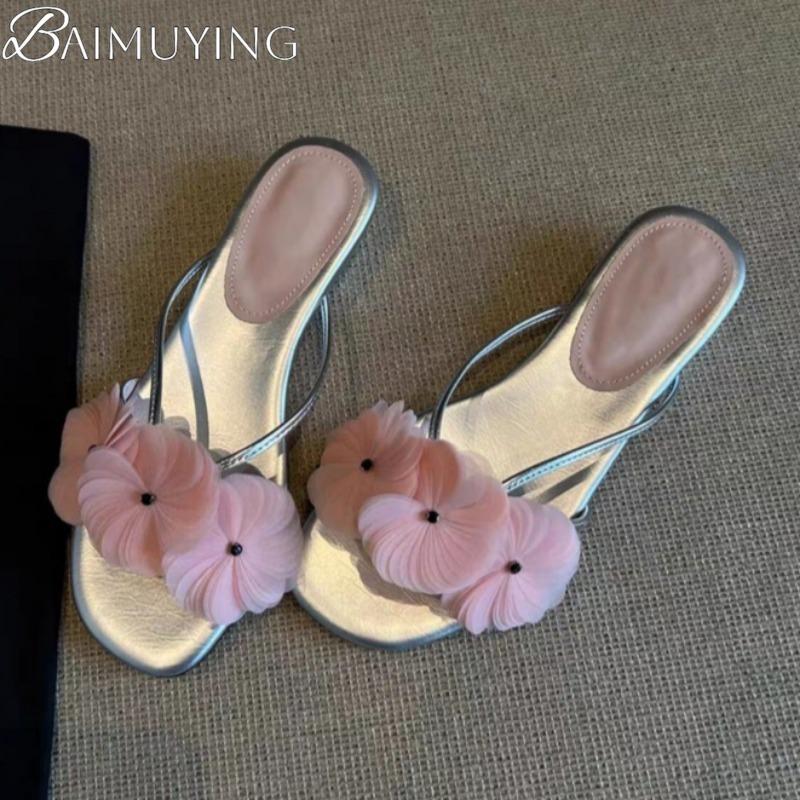 Fashion Flower Casual Flip Flops Shoes Woman Clip Toe Slippers Square Toe Women Heeled Sandals 2025 Trend Summer Elegant Dress Sandalias