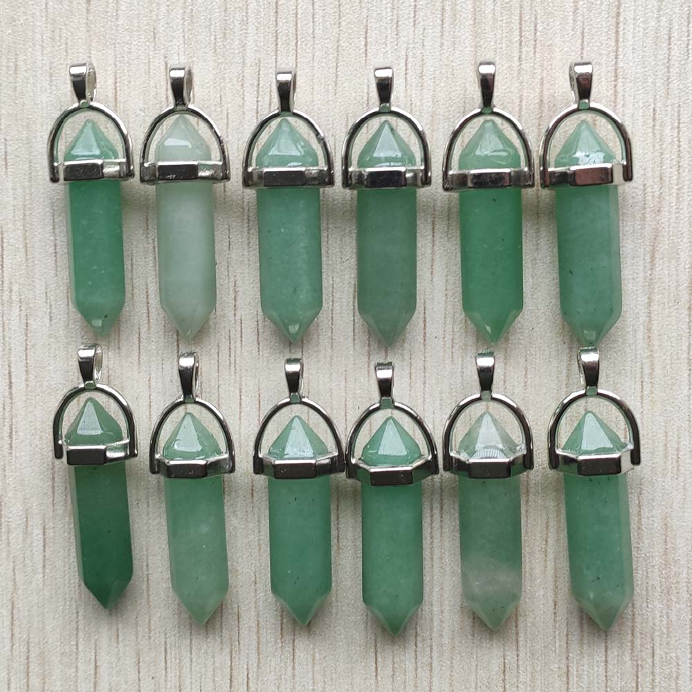 Natural stone quartz aventurine lapis crystal hexagonal pillar Pendants for Jewelry accessories 12pcs
