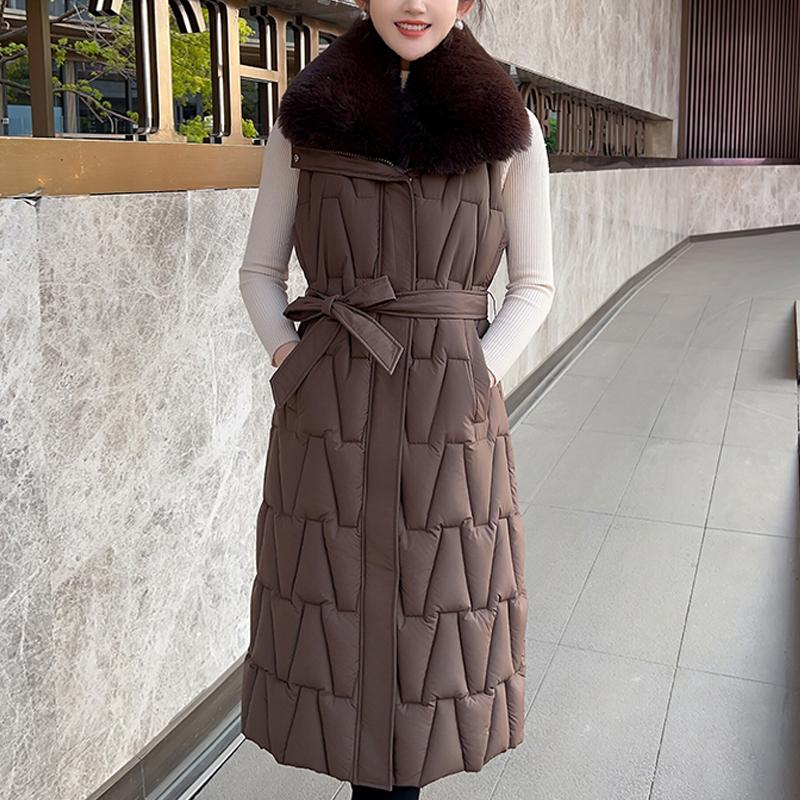 

Модный зимний длинный жилет Женские пальто Большой воротник из искусственного меха Элегантная толстая теплая парка без рукавов Женские куртки 5XL