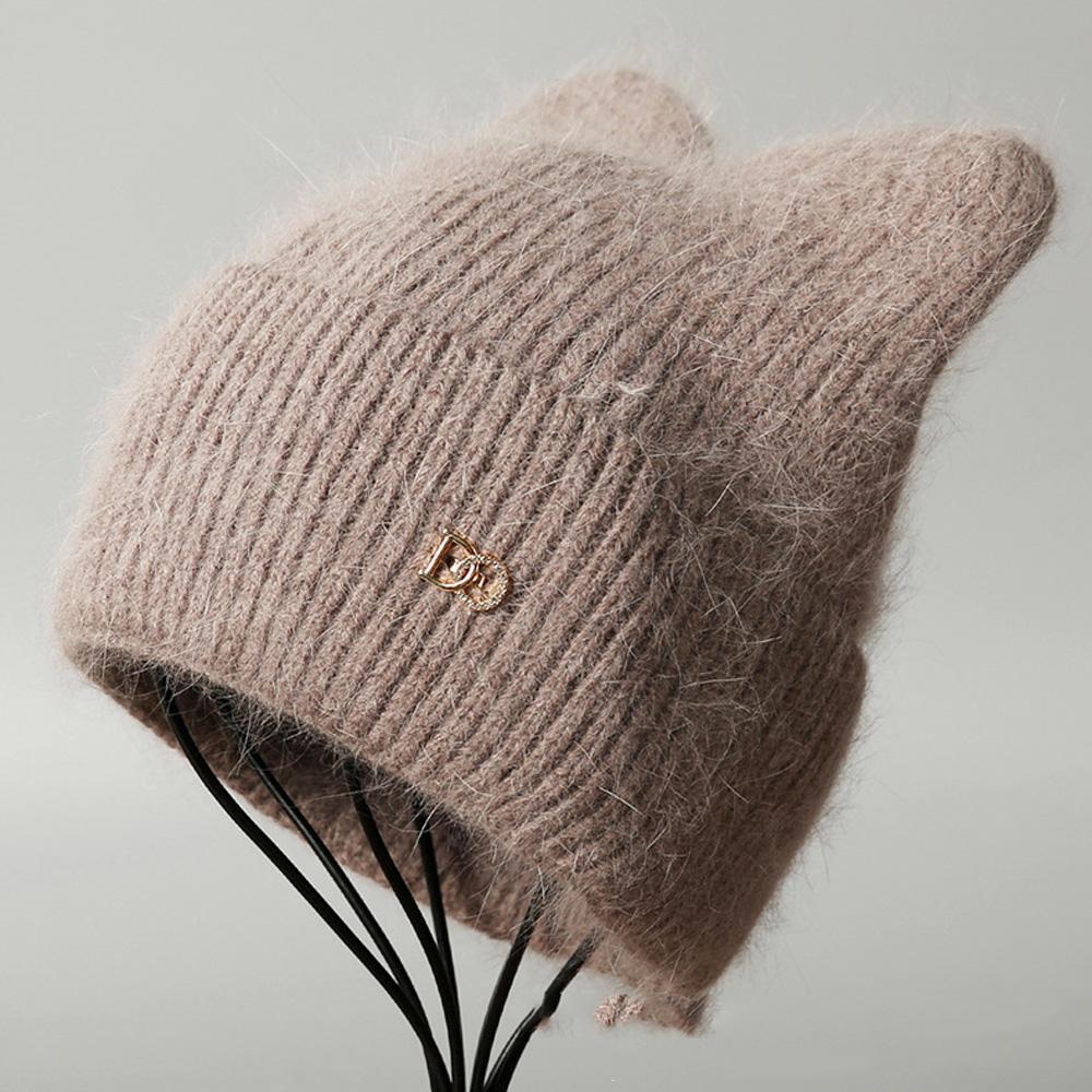 Knit Beanie Hat Fleece Lined Thickened Warm Rabbit Hair Slouchy Solid Color Large Head Size Winter Autumn Women