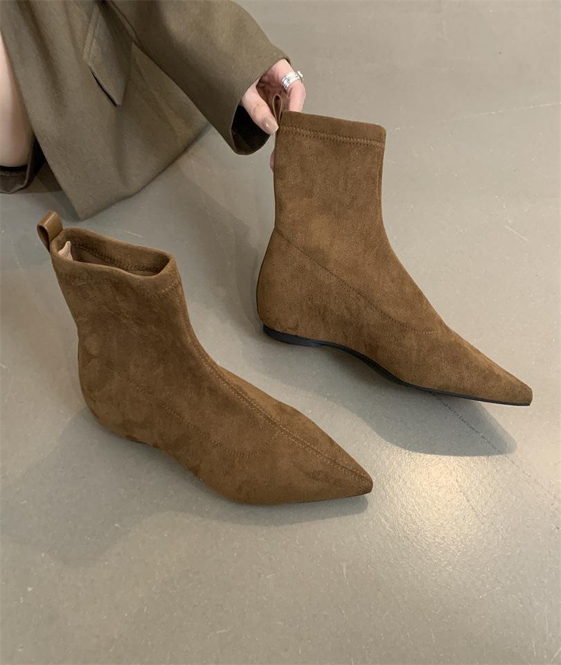 2025 New Flat-bottomed Suede Single Boots Pointed Fashion Boots Simple and Comfortable Short Boots Women's Fashion Versatile Thin Boots