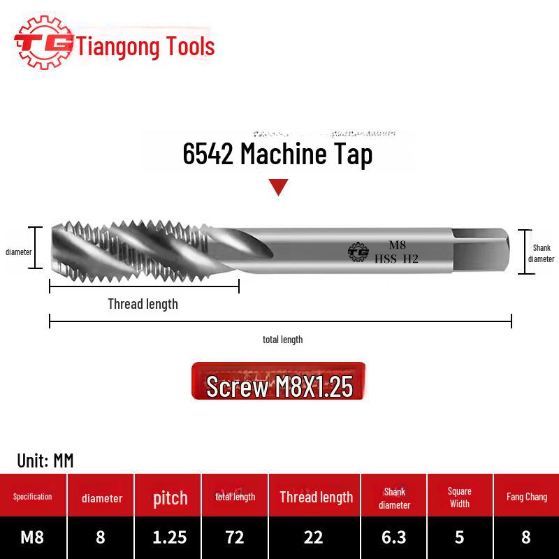 Tiangong Spiral Tap for Fine Thread Tapping (M2-M6) In Iron, Aluminum, Copper, Steel, and Stainless Steel.