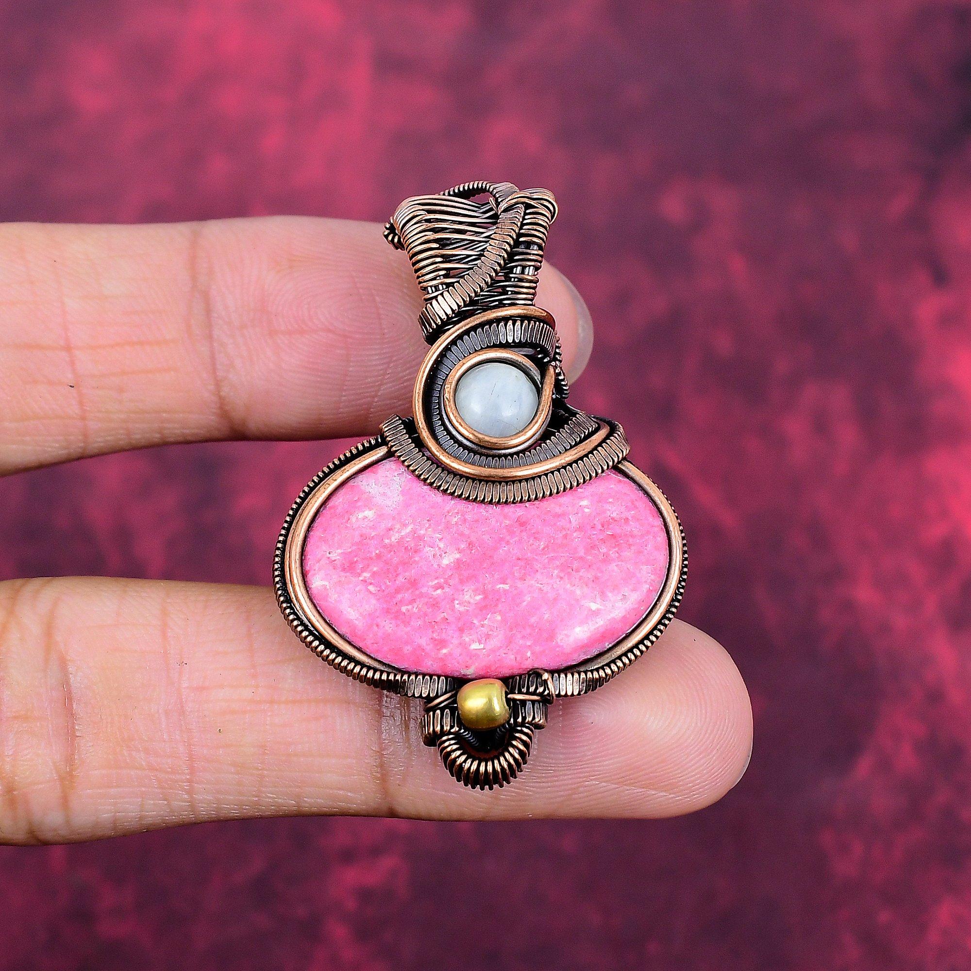 Thulite Pendant Gemstone Jewelry Copper Wire Wrapped Rainbow Moonstone Pendant