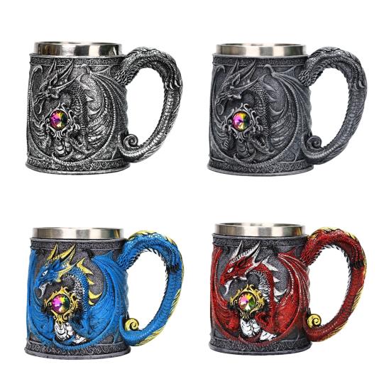 Kufel do piwa ze stali nierdzewnej 600 ml Retro kufel kubek do kawy kubek do herbaty średniowieczny smok żywiczny kubek dla miłośników fantasy