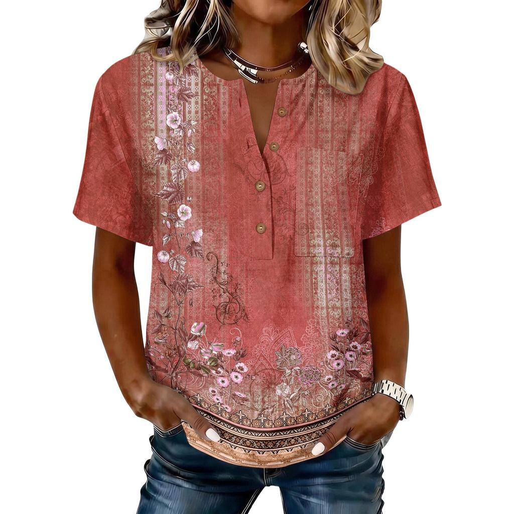 Women’s Vintage Floral Print Short Sleeve Cotton Linen Henley Button Front Shirt Casual Loose Fit Blouse Top for Summer