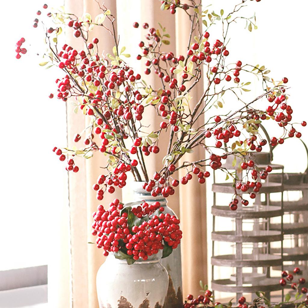 Artificial Berries Stem Foam Berry Pick Branch Ornament Plastic Leaves Holiday Xmas Home Decor 27.56in Red