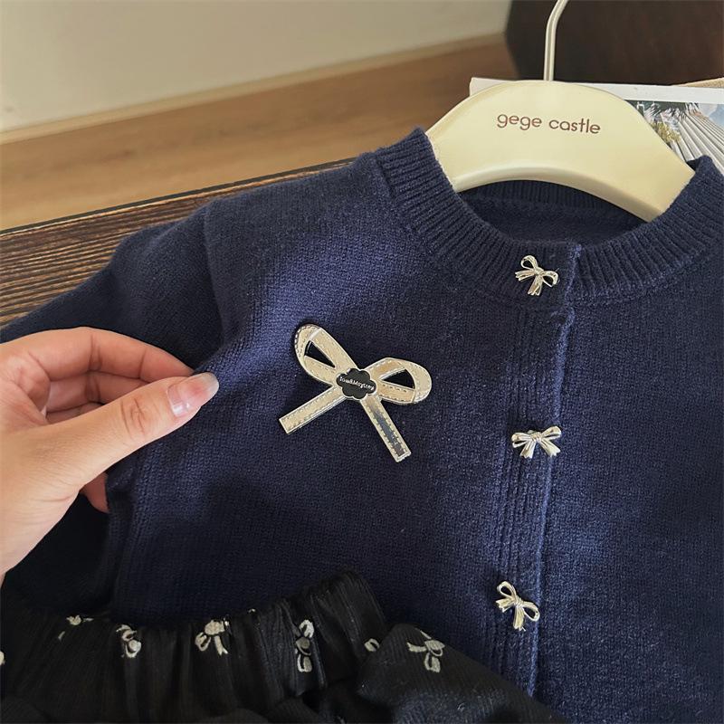 Final Sale: Autumn Girls' Bow Sweater Cardigan with Corduroy Skirt Pants - No Returns or Exchanges