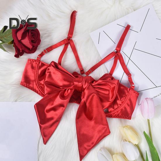 2Pcs/Set Women Sexy Faux Satin Underwear Set Lace Up Bowknot Underwire Push Up Bra Adjustable Strappy Thong Set