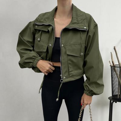 Yousheng Damen Cropped Utility Jacke Reißverschluss Oversized Anorak Mantel mit Taschen Herbst Kordelzug Kurze Oberbekleidung