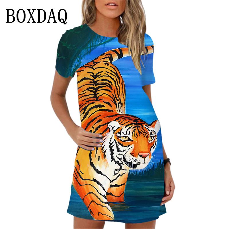 Jarní dámské šaty Módní šaty s potiskem tygra Krátký rukáv Letní ležérní Oversized A-line Minišaty Dámské