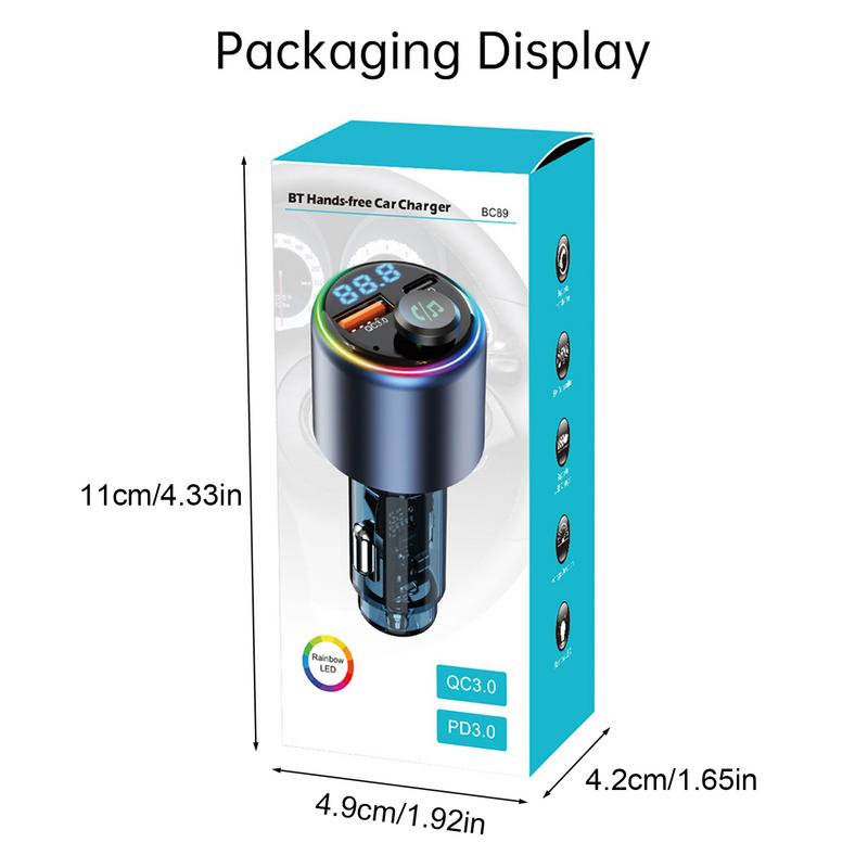 Car Fast Charger Colorful LED Light QC3.0 Car Charge Adapter MP3 Music Player Wireless FM Car Kit Hands-Free Calling Hi-Fi Music