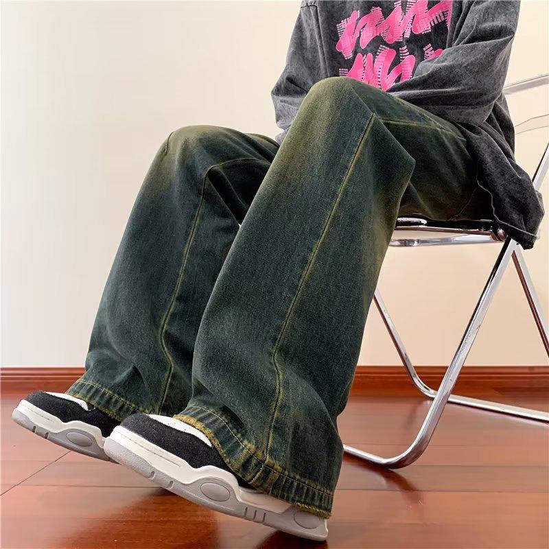 Men's Retro Washed Distressed Flared Wide-Leg Jeans - Trendy Loose Fit for Autumn