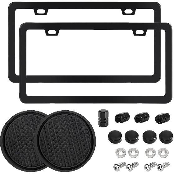 Black 2 Pack License Plate Frame For Car Matte Metal Aluminum Rust-Proof License Plate Holder Cover Gloss Black Front Rear Number Tag Frame For Men