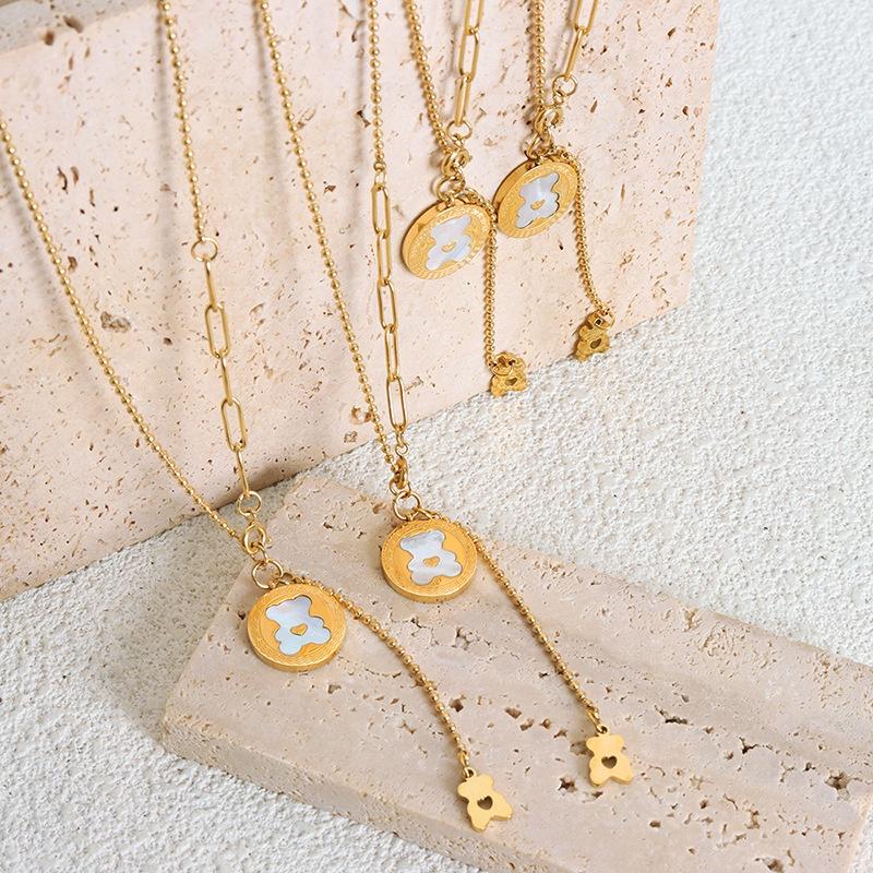 Adorable Cartoon Bear Shell Tassel Necklace For Women Made Of Titanium Steel