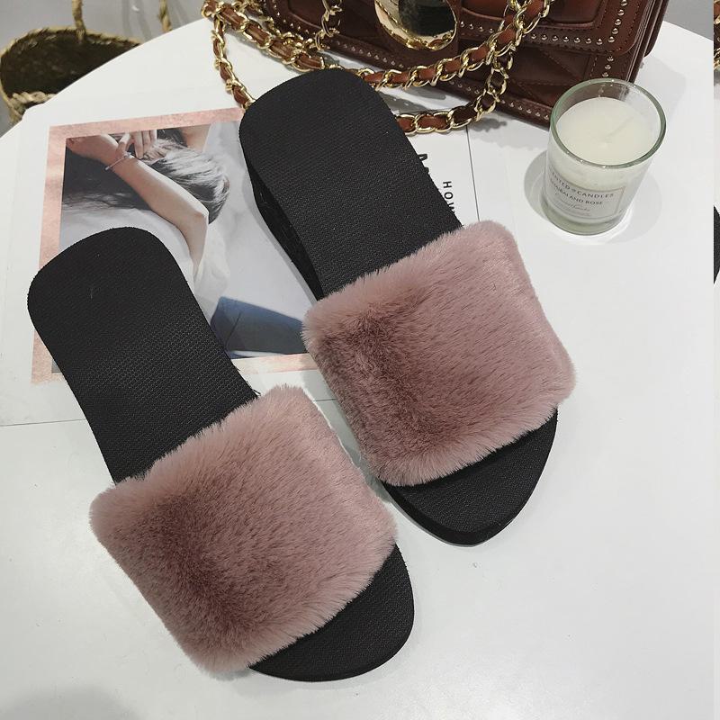 Korean Women's Thick-Soled Fur Slippers: Stylish and Casual, with Wedge Heel, Single-Strap Cotton Design