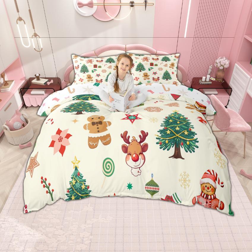 Homewish Girls Merry Christmas Duvet Cover Set Lovely Gingerbread Bedding Set Cartoon Xmas Tree Bedroom Set Room Decor