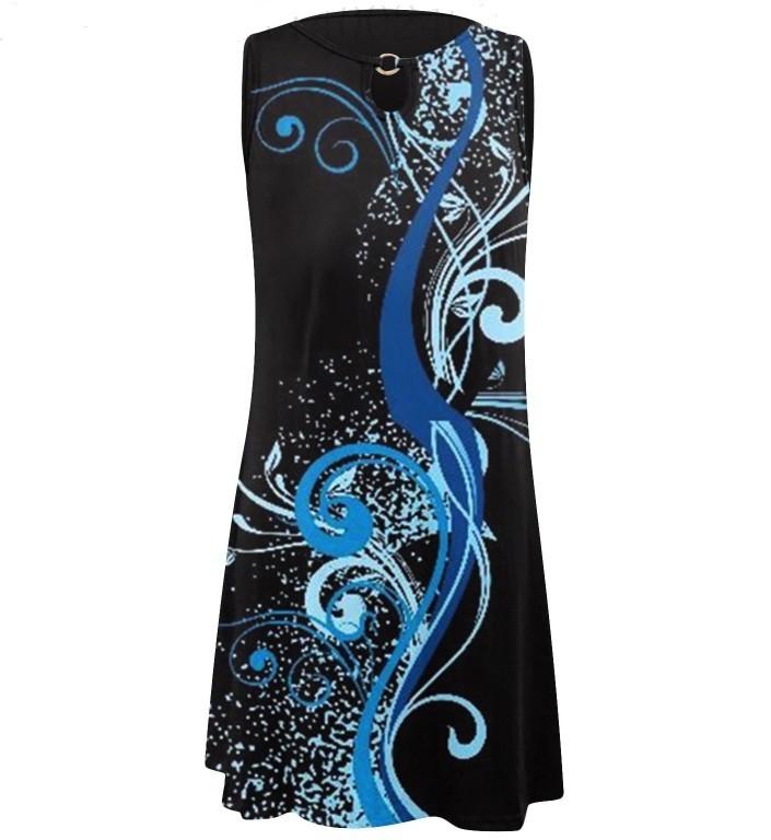 Fashion Women Summer  Print Hollow Out Sleeveless Loose  Mid Dresses