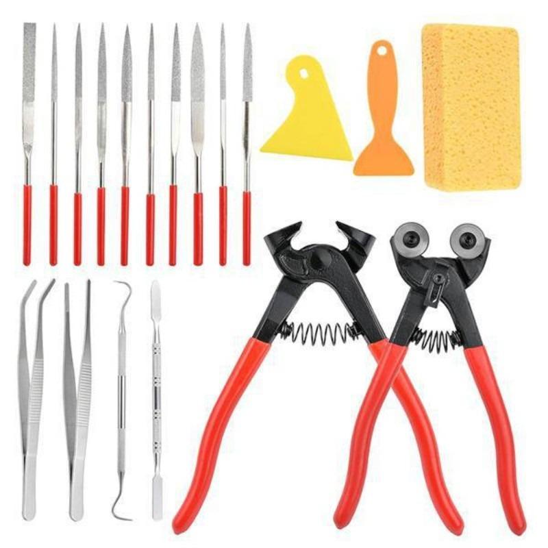 Glass Cutter Pliers & Nippers Set - 8 Inch Double Wheel Glass Scoring Tool, Mosaic Tile Cutter with Tweezers and Scraper for DIY Stained Glass