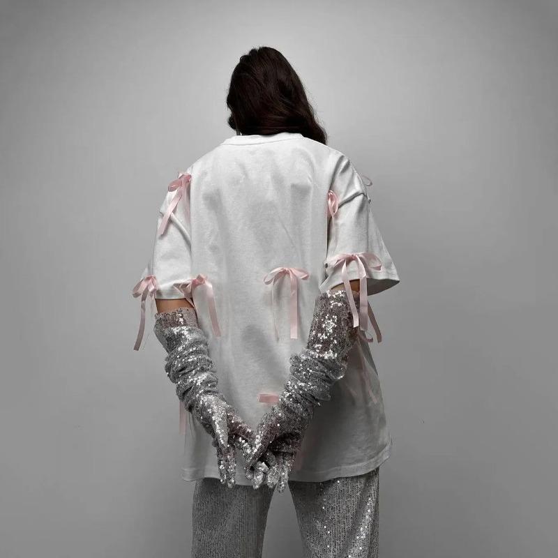 Tricou decorativ cu fundă retro din bumbac liber, design de modă de vară, cu mânecă scurtă, tricouri cu gât turnut, maiuri casual