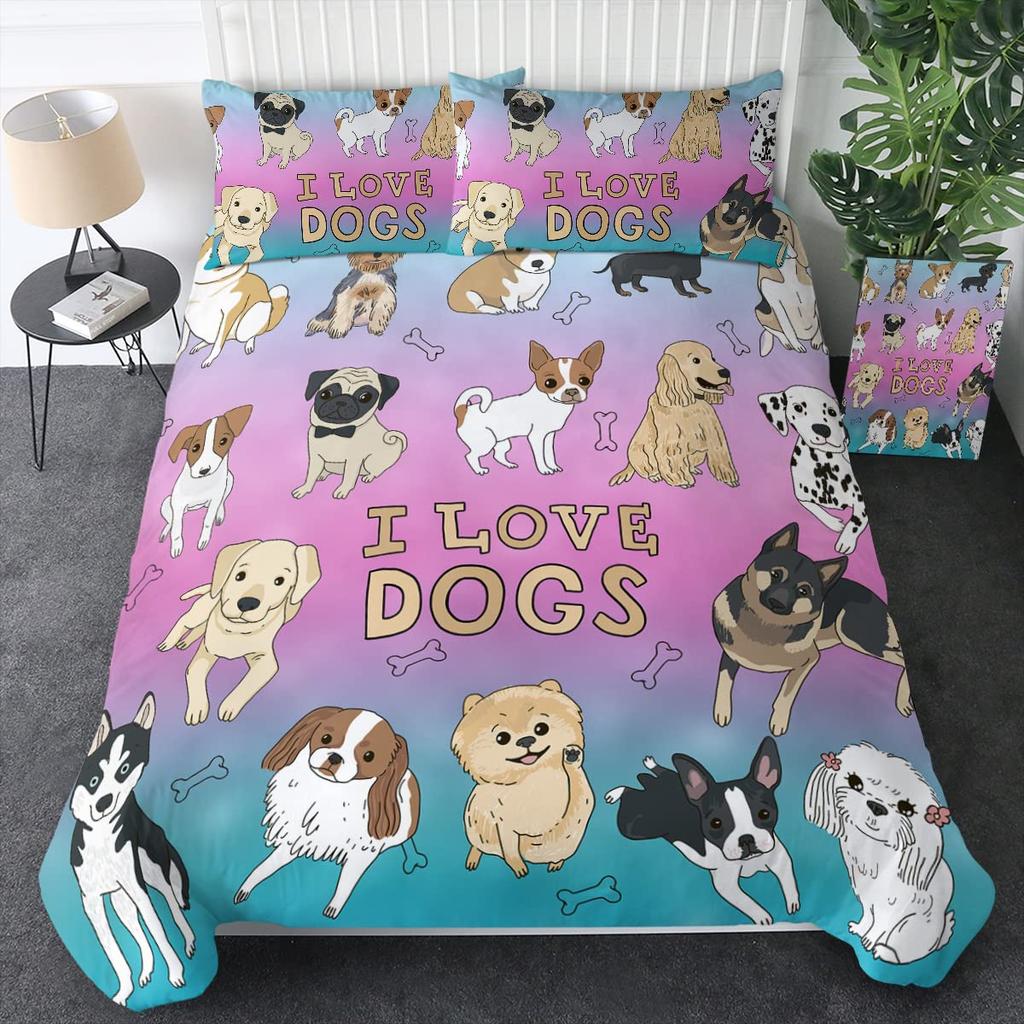 Cute Dogs Print Bedding Set Puppy Animal Duvet Cover Set 2/3 Pcs Watercolor Pastel Dog Paw Comforter Cover Pug Dog Lover Bed Set
