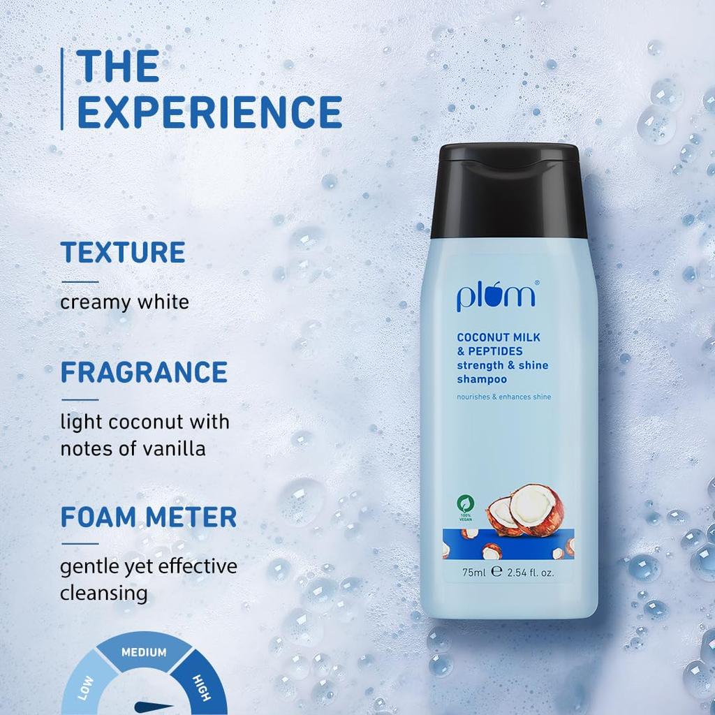Plum Coconut Milk & Peptides Shampoo for Dry Frizzy Hair 75ml | Soft Shiny Hydrating Hair Wash for Women Men