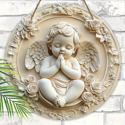 Adorable Letrero de Madera de Querubín - Letrero Redondo de Ángel para Decoración Colgante de Pared de Puerta Principal - Adorno Colgante Ideal para el Hogar