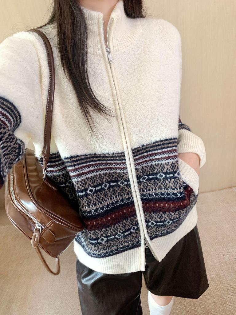 Women's Lambswool Jacquard Knit Cardigan – Heavyweight Stand Collar Winter Sweater Coat