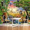 3D Wallpaper Rainbow Sky Green Forest Animal Elephant Lion Mural Living Room Kid's Art Murals