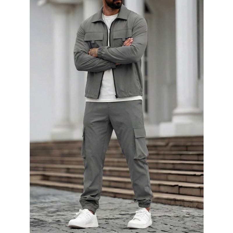 Herren S Einfarbig Langarm Jacke Hose Mehrere Taschen Lässig Arbeitskleidung Zweiteiliges Set