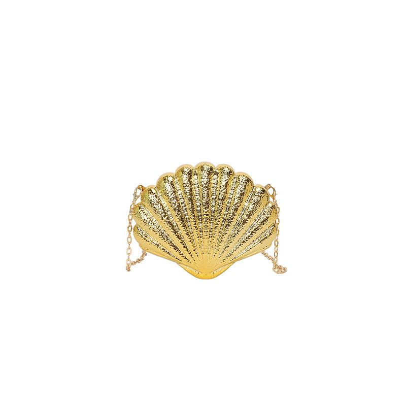 CR Women's Glamorous Shiny ABS Material Shell Shaped Evening Bag Long Metal Chain Small Hard-cased Clutch Chic Purse for Party
