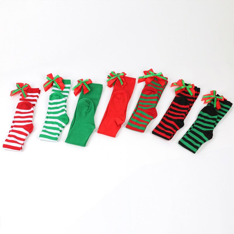 Women with Bow Accent for Women Girls Christmas Socks Knee-High Over-the-Knee Elegant Red & Green Striped Long Socks