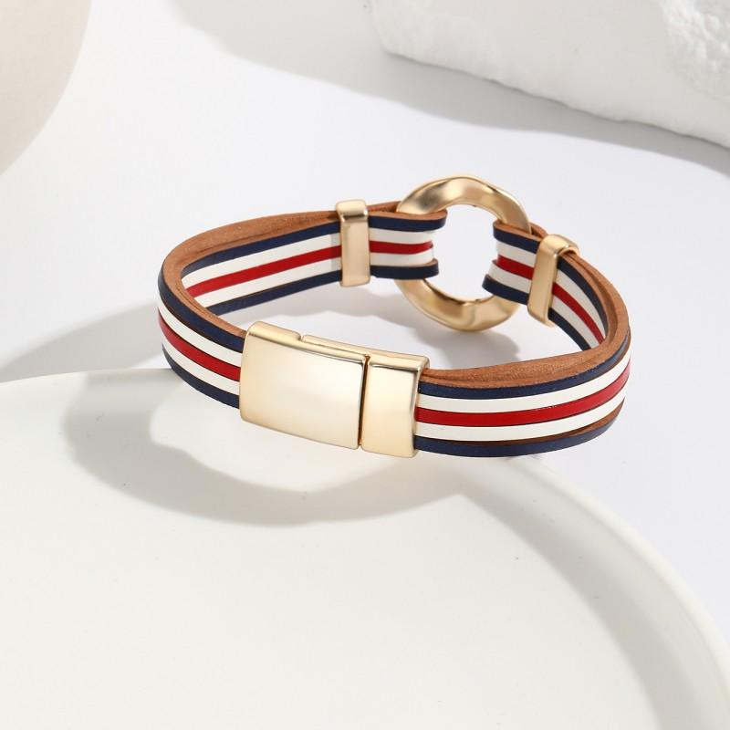 Womens PU Leather Bracelet With Magnetic Clasp Geometric Round Charms Fashionable Unisex Wristband Daily Wear