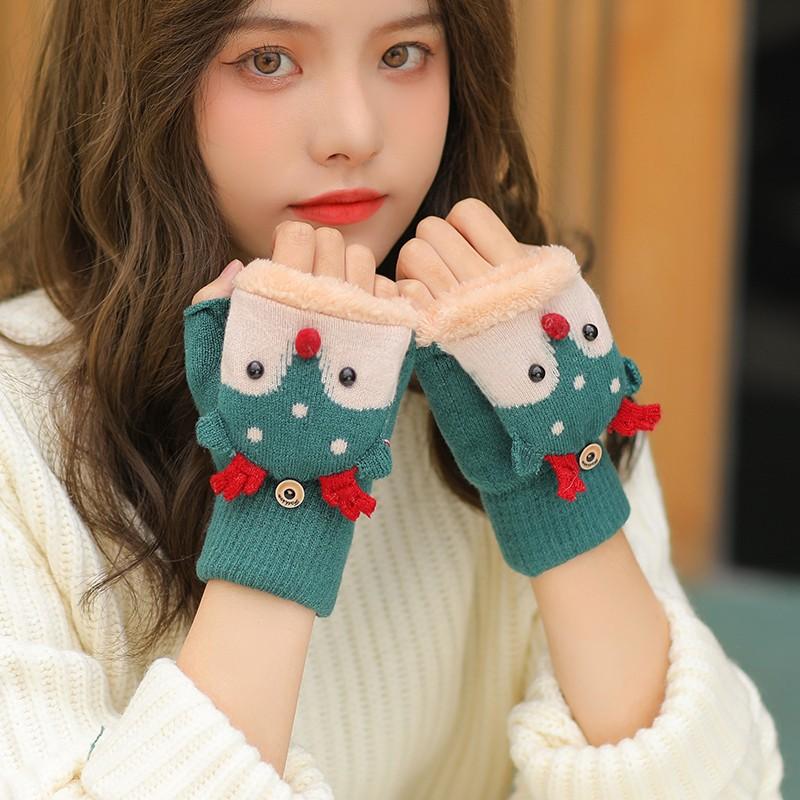 Gloves female winter cute student writing bare finger half male warm fleece flip child half finger Christmas