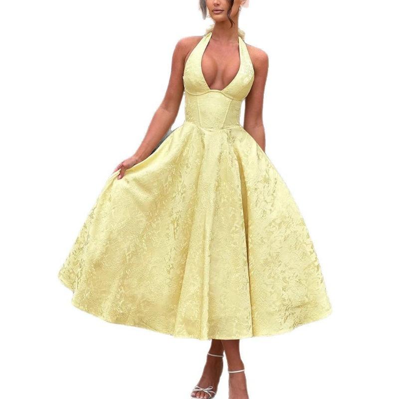 Sexy Elegant V Neck Halter High Waist A Line Long Evening Party Dress