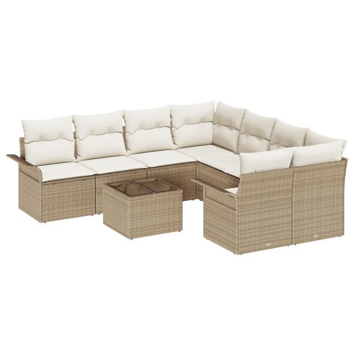 Ensemble de canapé de jardin 9 pièces avec coussins Beige Poly Rotin, Canapé de jardin 2 places avec rangement et coussins 3353970