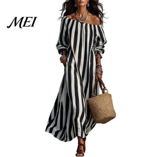 Soft Summer Dress Women Striped Long Dress, Off Shoulder Sleeve Casual with Side Pocket Ankle Length Loose Swing Clothing