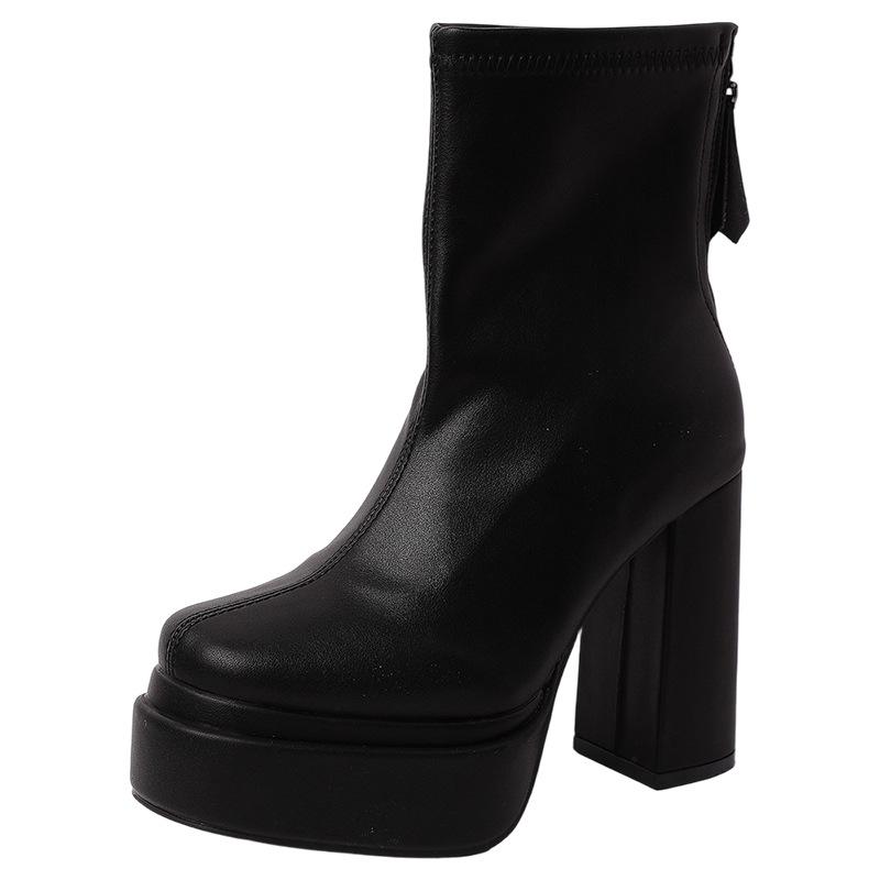 Fashion high sense super high heel thin boots women's autumn and winter Korean version thick heel leather boots non-slip rear zipper short boots