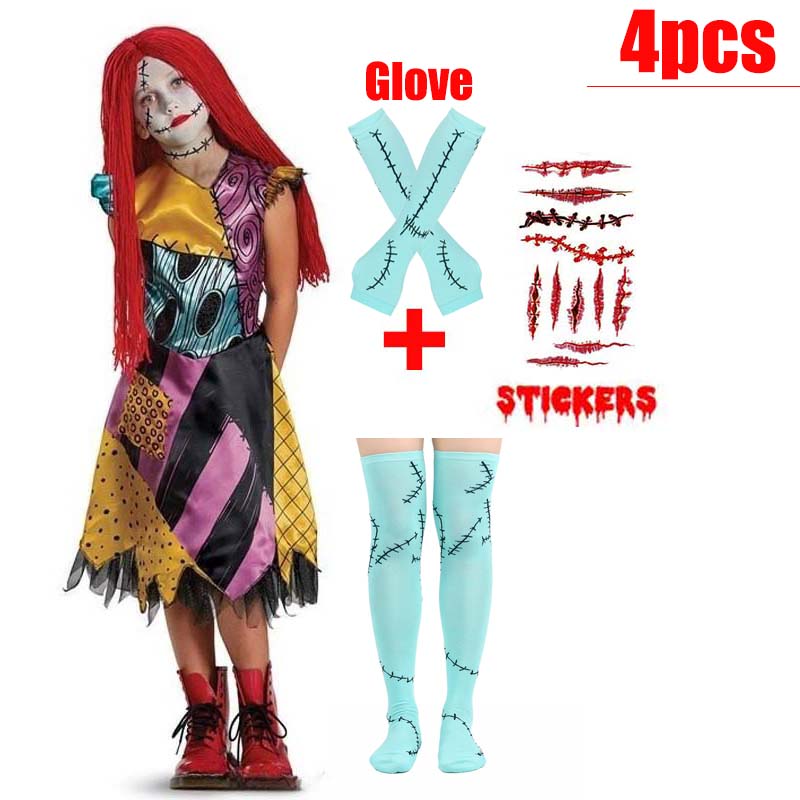 Kids Girls Boys Cosplay Christmas Eve Scary Ghost Bride Sally Skeleton Jack Dress Striped Halloween Character Dress Up Costume