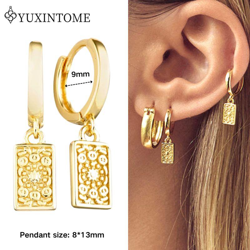 YUXINTOME 925 Silver Ear Needle Zircon Hoop gold Earrings For Women Square Plate Pendant Cutout Heart Earrings Fashion Jewelry