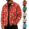 Men's Corduroy Collared Jacket Loose Fit Long Sleeve Casual Top with Christmas Print for Fall and Winter