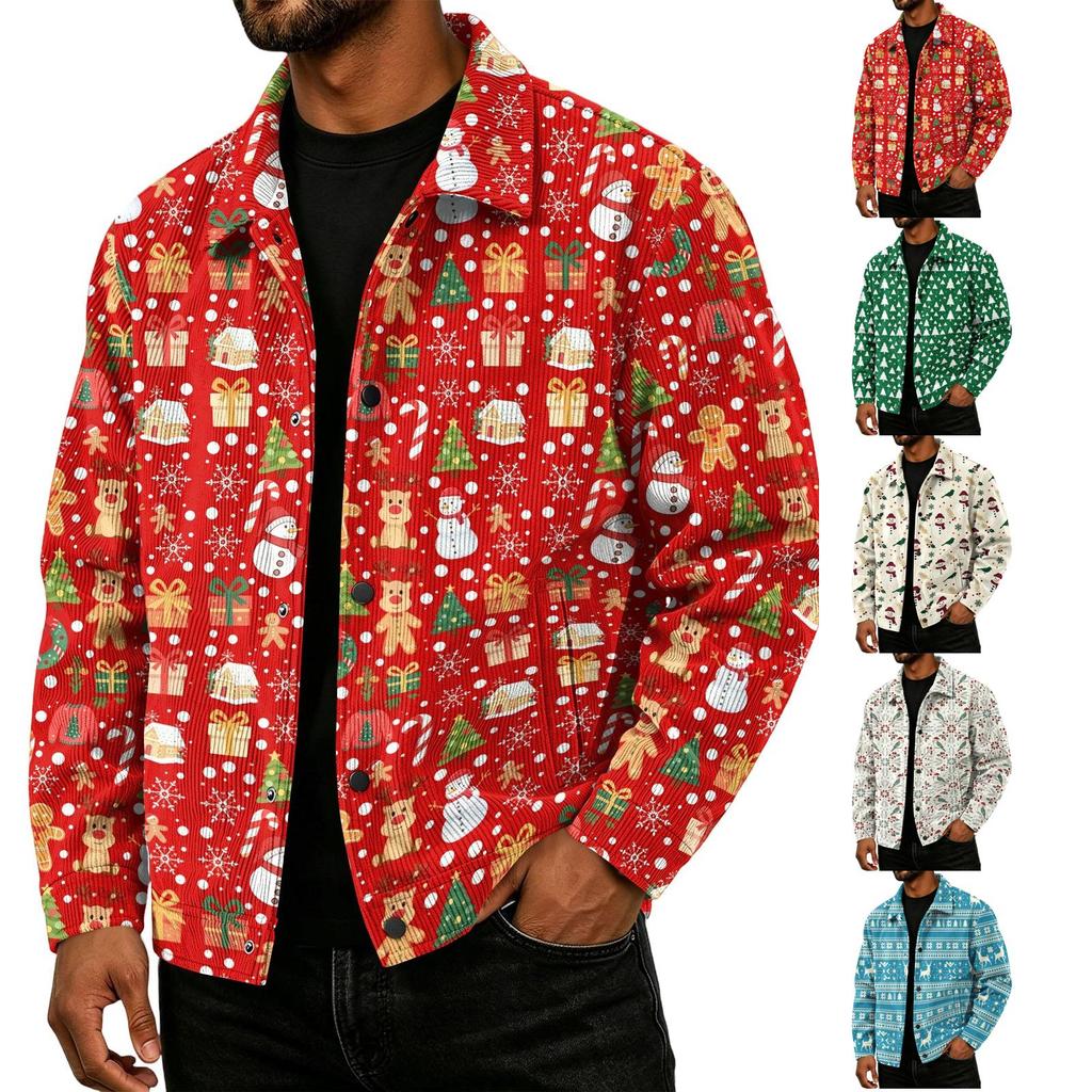 Men's Corduroy Collared Jacket Loose Fit Long Sleeve Casual Top with Christmas Print for Fall and Winter