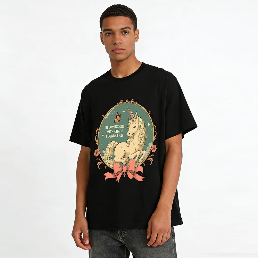 Becoming One With Chaos Foundation Einhorn-Print Vintage-Stil Lässiges Oberteil Reines Baumwoll-T-Shirt