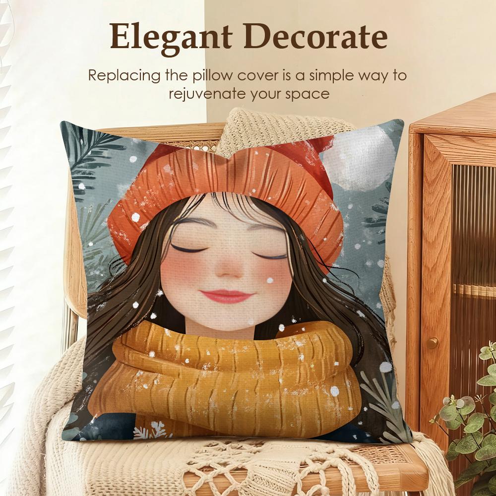 Cute Girl Winter Christmas Cushion Cover Natural Linen Organic Fabric DoubleSided Printing Sofa Home Decor Gift Pillow Case