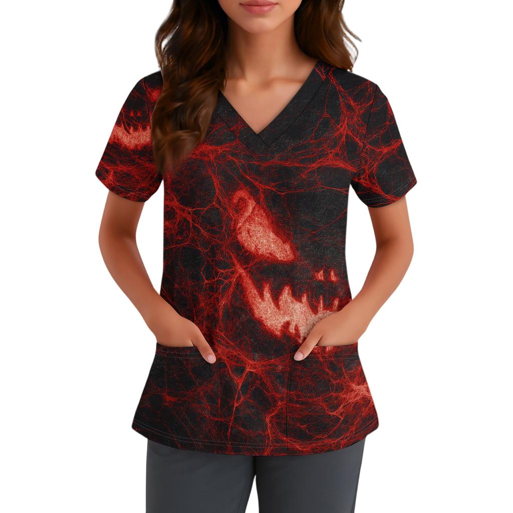 Women V Neck Short Sleeve Top with Pockets Halloween Themed Printed Scrub Shirt Comfortable Fit for Staff